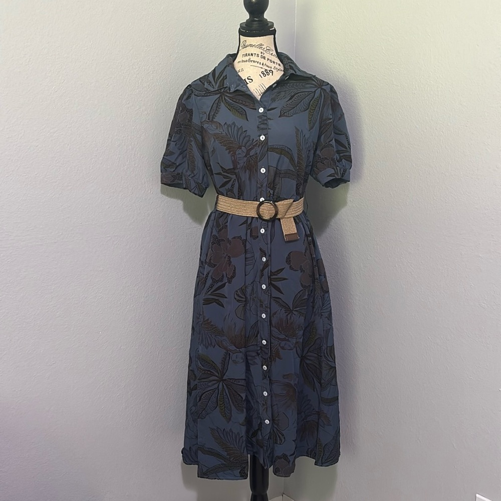 Tropical Print Midi Button Down Dress Blue Bubble Sleeves Size Small with Belt